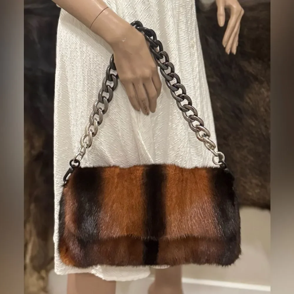 Brown Gradient Real Mink Fur Handmade Baguette Shoulder Bag, Multi Use Style